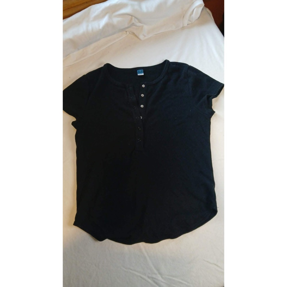 Old Navy Womens Black Short Sleeve Henley Ribbed Button Up Shirt Size Medium